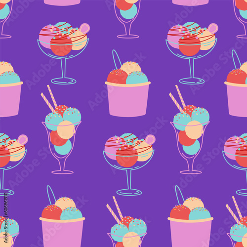 Colorful ice cream vector seamless pattern. Types of dessert. Ice cream an a bowl. Color minimalistic summer illustration. Ideal for cards, typography and web.