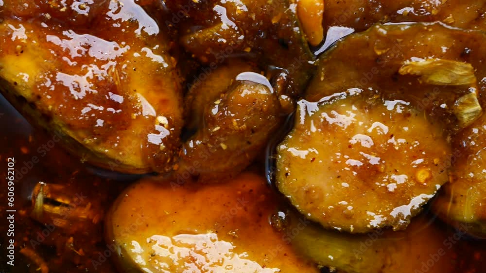 Homemade Mango Pickle in a glass jar on table , Homemade Mango Pickle in a glass jar on table ,