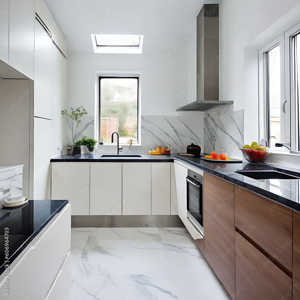 Generative AI. Modern kitchen in a new home with countertop, hob, extractor hood and marble