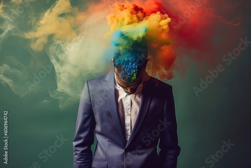 Emotional burnout of an office worker. Head explosion concept with different colors and colorful smoke
