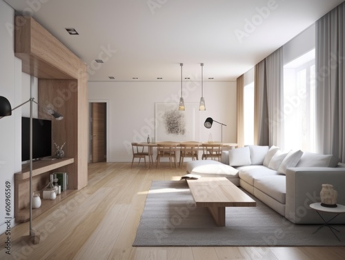 Minimal white modern living room with modern comfortable furniture. Generative AI