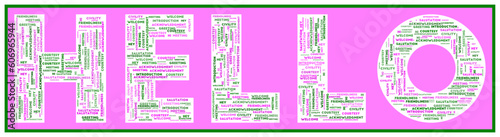 HELLO text filled with related keywords of various sizes. Hello word cloud. Amazing vector illustration.