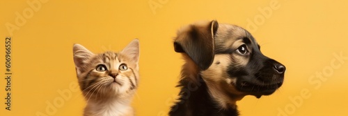 Cute dog puppy and cat kitten on yellow background, space for text. Banner design. Generative ai