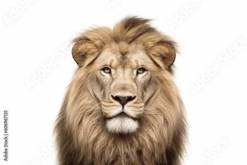Portrait of a Male adult lion, Panthera Leo, isolated on white, Generative AI © Sasint
