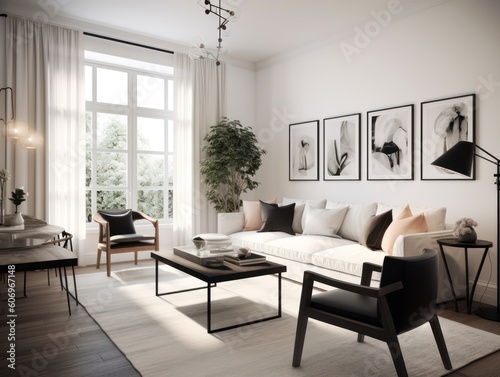 Minimal white modern living room with modern comfortable furniture. Generative AI