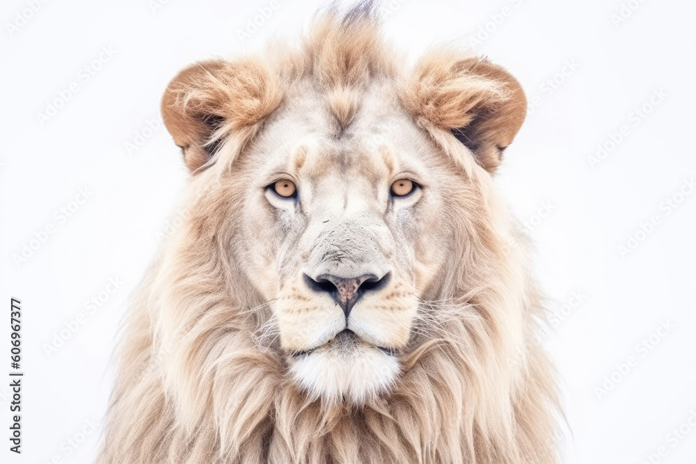 Portrait of a Male adult lion, Panthera Leo, isolated on white, Generative AI