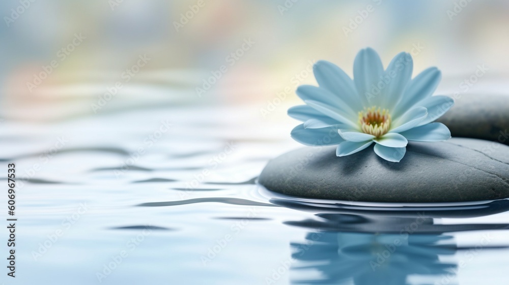Fototapeta premium Background of harmony and relaxation with a flower and stones in water. GENERATE AI