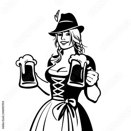 Young sexy waitress in Bavarian costume serving beer mugs. Vector illustration.