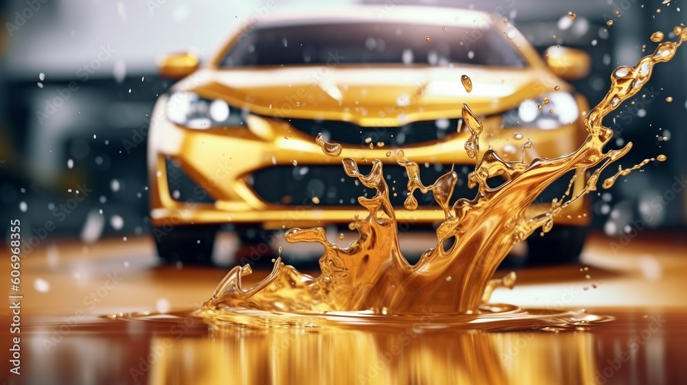 Background automobile service, golden liquid spilling from canister, and motor oil splash. GENERATE AI