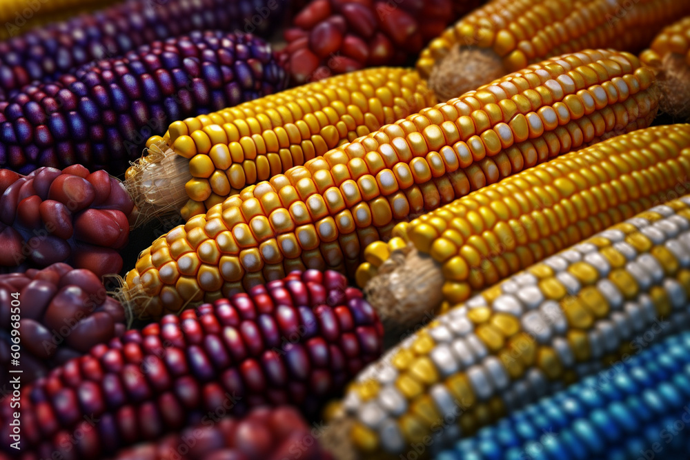 A visually striking image of maize corn kernels in various colors
