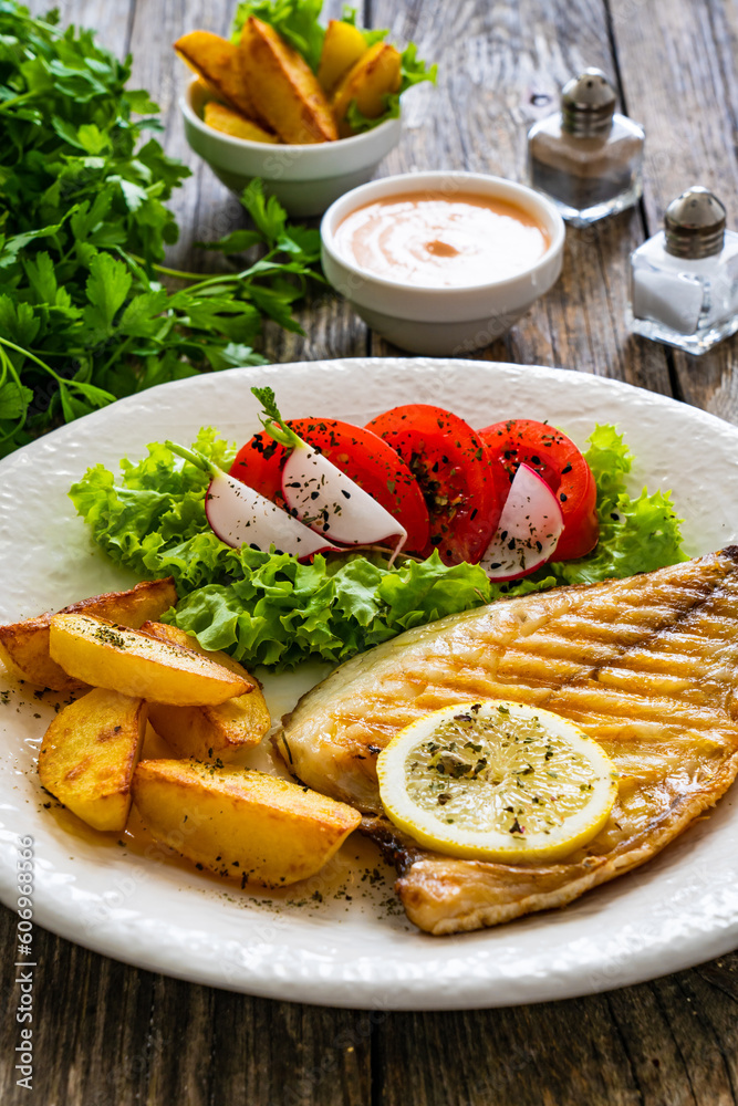 Grilled sea bream with potatoes and fresh vegetables on wooden table
