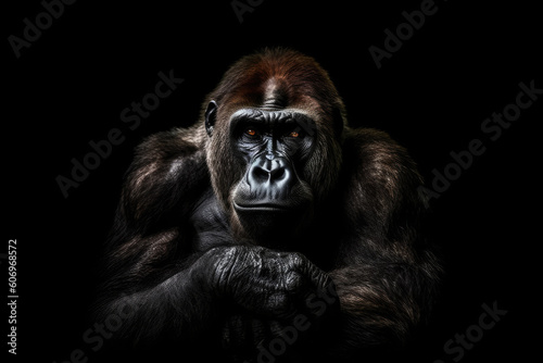 Beautiful Portrait of a Gorilla. Male gorilla on black background, Generative AI