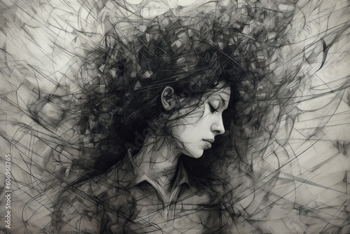 An abstract surreal black and white drawing of a woman with her hair tangled. A concept motif on the subject to get out of fear, depression and loneliness.