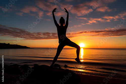 woman exercising on beach at dawn