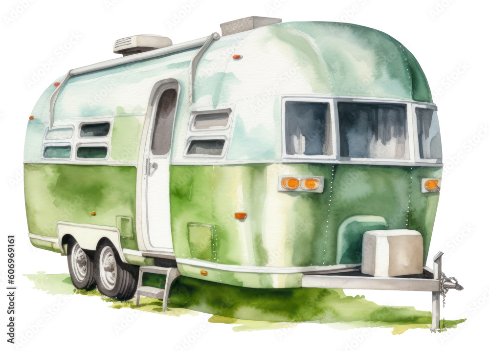 Travel trailer watercolor illustration. Generative AI.