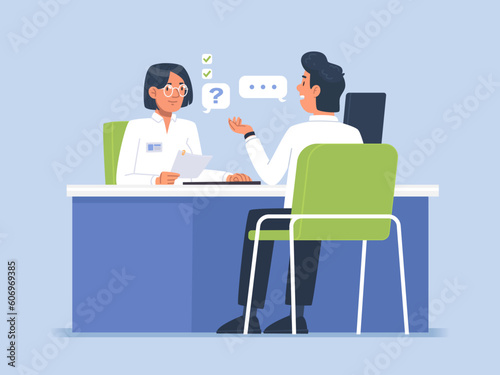 Job interview. Hiring an employee. A candidate for a position in a company is talking to an HR manager