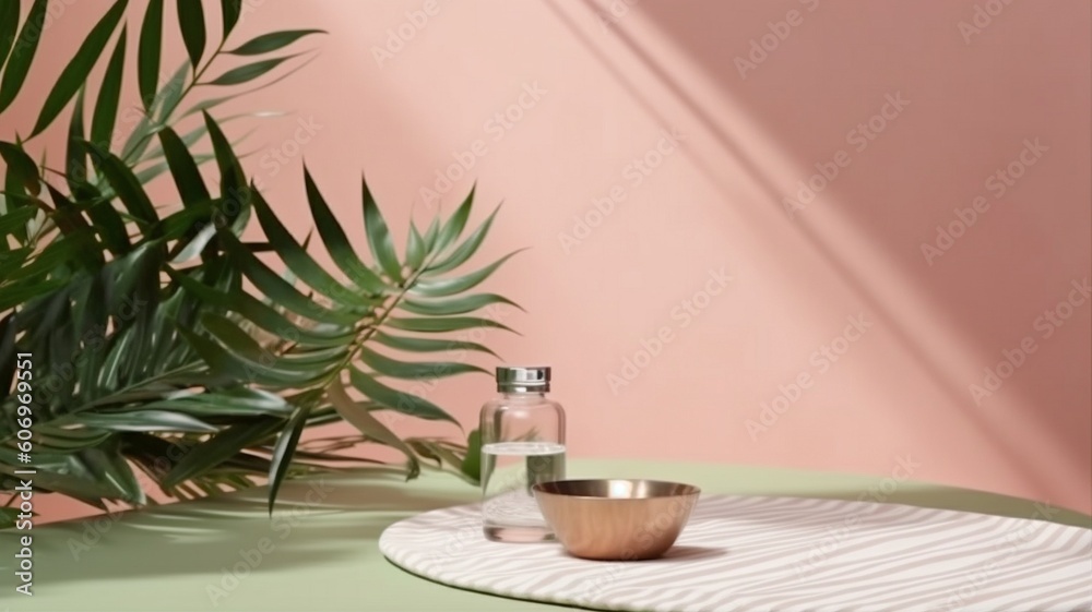 Mock up for branding, presentations, or items like jewelry, food, or cosmetics. Vacant table against a pink and green wall. Shadow of leaves on the wall and wooden desk in the composition. GENERATE AI Mock up for branding, presentations, or items like jewelry, food, or cosmetics. Vacant table against a pink and green wall. Shadow of leaves on the wall and wooden desk in the composition. GENERATE AI