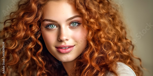 portrait of a young happy woman with curly hair, made with Generative AI