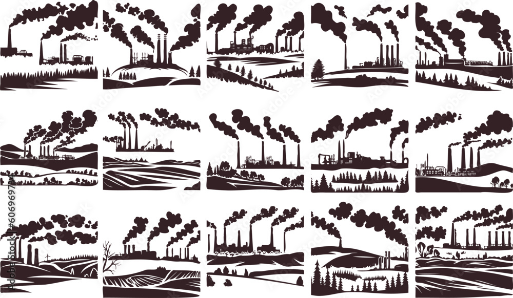 Silhouettes of factories with smoking chimneys in a landscape on a white background vector illustration set