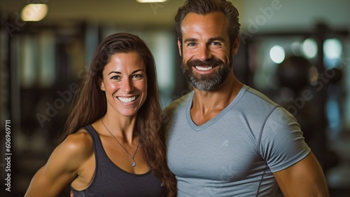 Images of a cheerful guy and woman represent a successful fitness studio idea. GENERATE AI