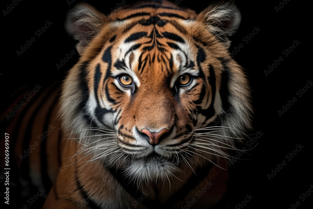 Tiger face on black background, Generative AI