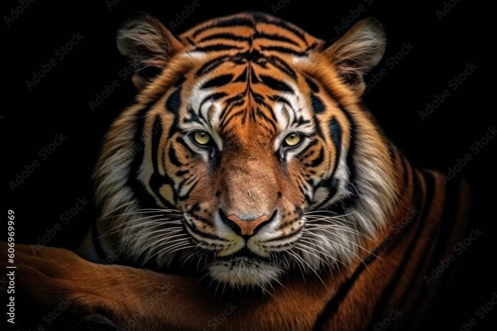 Tiger face on black background, Generative AI