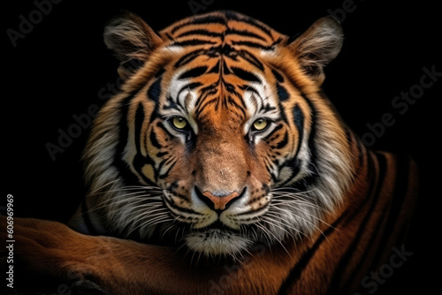 Tiger face on black background, Generative AI © Sasint