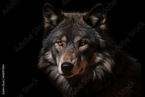 Portrait of adult wolf on black background, Generative AI