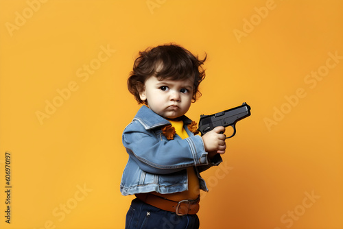 Baby with toy gun studio shot portrait photo