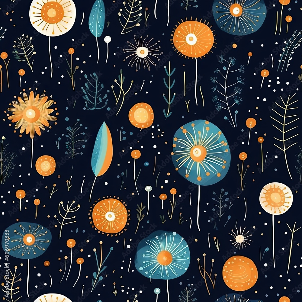 Celestial elements with earthly botanical elements like flowers, plants. Seamless pattern background for textiles, fabrics, covers, wallpapers, print, gift wrapping Celestial elements with earthly botanical elements like flowers, plants. Seamless pattern background for textiles, fabrics, covers, wallpapers, print, gift wrapping