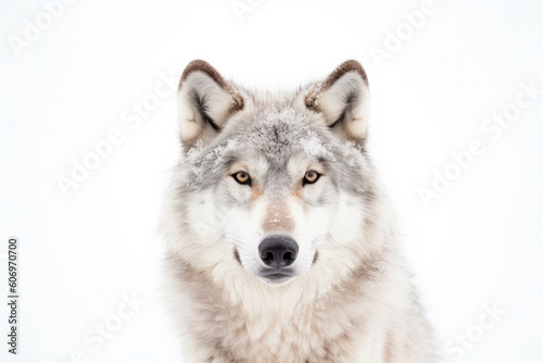 Close up on a white wolf eyes isolated on white background, Generative AI © Sasint