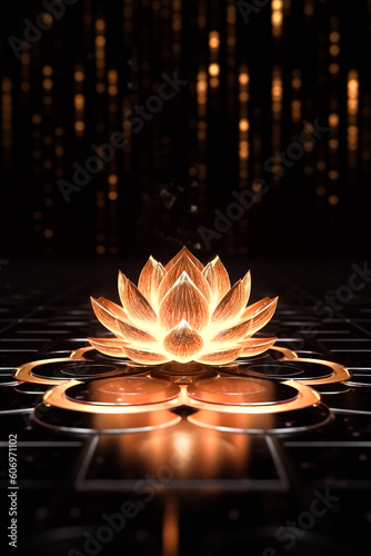 Golden lotus rose blooms at night on surrounded mandala floor, beautiful golden lotus flowers, Fantasy magic flower, yellow light from inside. AI generate