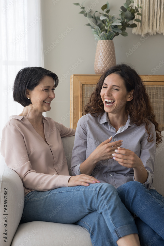 Φωτογραφία Cheerful positive mom and adult kid woman having fun, meeting at home, sitting c