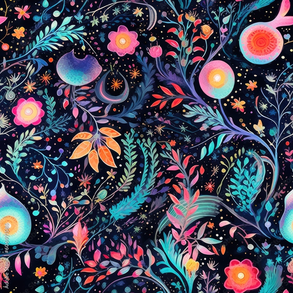 Celestial elements with earthly botanical elements like flowers, plants. Seamless pattern background for textiles, fabrics, covers, wallpapers, print, gift wrapping