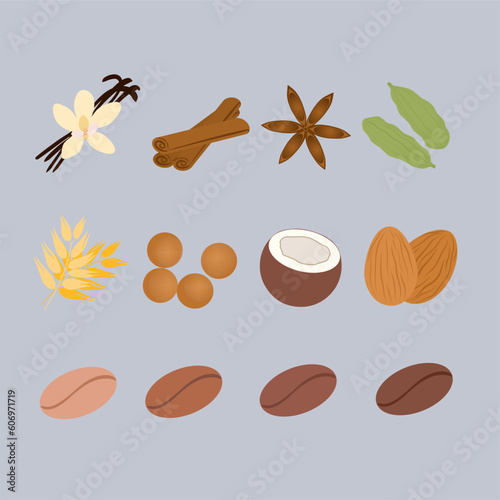 Set of splashes of chocolate and caramel into milk. Vector illustration.