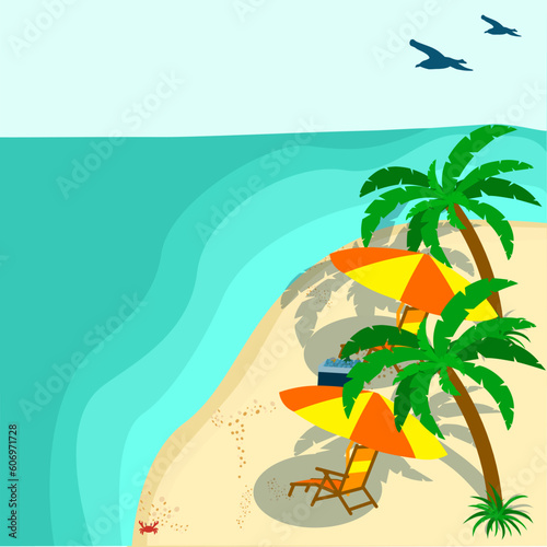 Summer Vacation Loungers On Sea Beach Landscape Beautiful Seascape Banner Seaside Holiday Vector Illustration