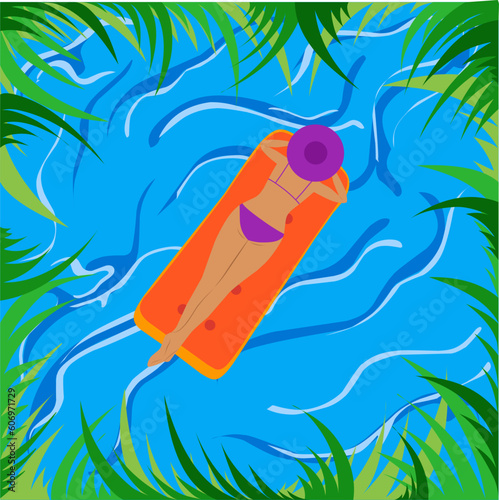 Happy smiling young woman girl character relaxing lying and swimming on inflatable mattress in swimming pool sunbathing and taking photo selfie. Summer time season holiday vacation concept. Vector