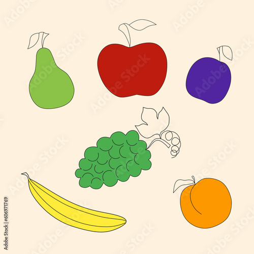 Set fruits, pear, apple, plum, grapes, banana, apricot