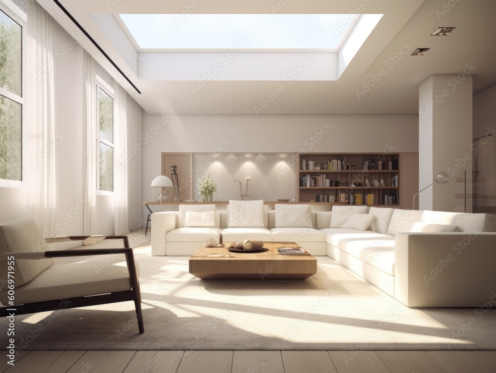 Minimal white modern living room with modern comfortable furniture. Generative AI Minimal white modern living room with modern comfortable furniture. Generative AI