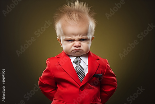 Angry baby wearing red business suit studio shot