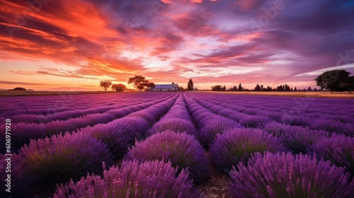 Stunning atmospheric sunset over vibrant lavender fields in Summ Agricultural Field,Generated with AI