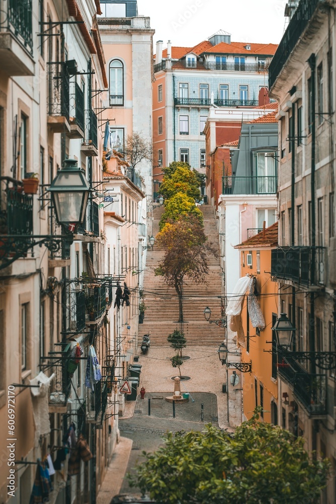 Beautiful narrow and colored street in Lisboa, portugal