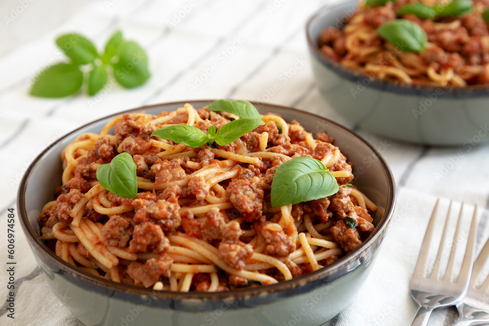 Homemade Tomato Basil Sausage Spaghetti in a Bowl, side view. Close-up. Homemade Tomato Basil Sausage Spaghetti in a Bowl, side view. Close-up.