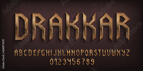 Drakkar alphabet font. Damaged wooden letters and numbers. Stock vector typescript for your typography design.