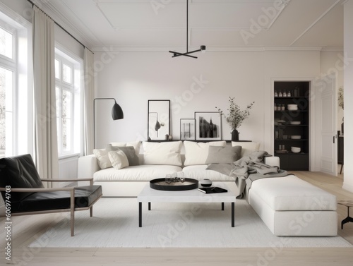 Minimal white modern living room with modern comfortable furniture. Generative AI