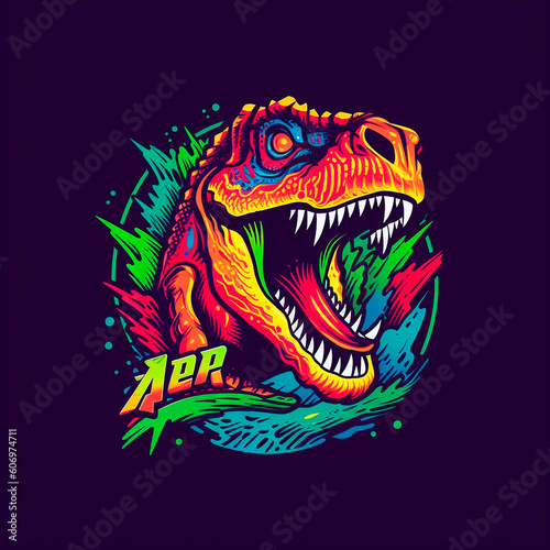 tyrannosaurus dinosaur logo different colors black background created with Generative Ai technology © Andrii Yablonskyi