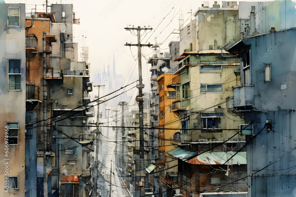 Modern urban watercolour landscape, Generative AI