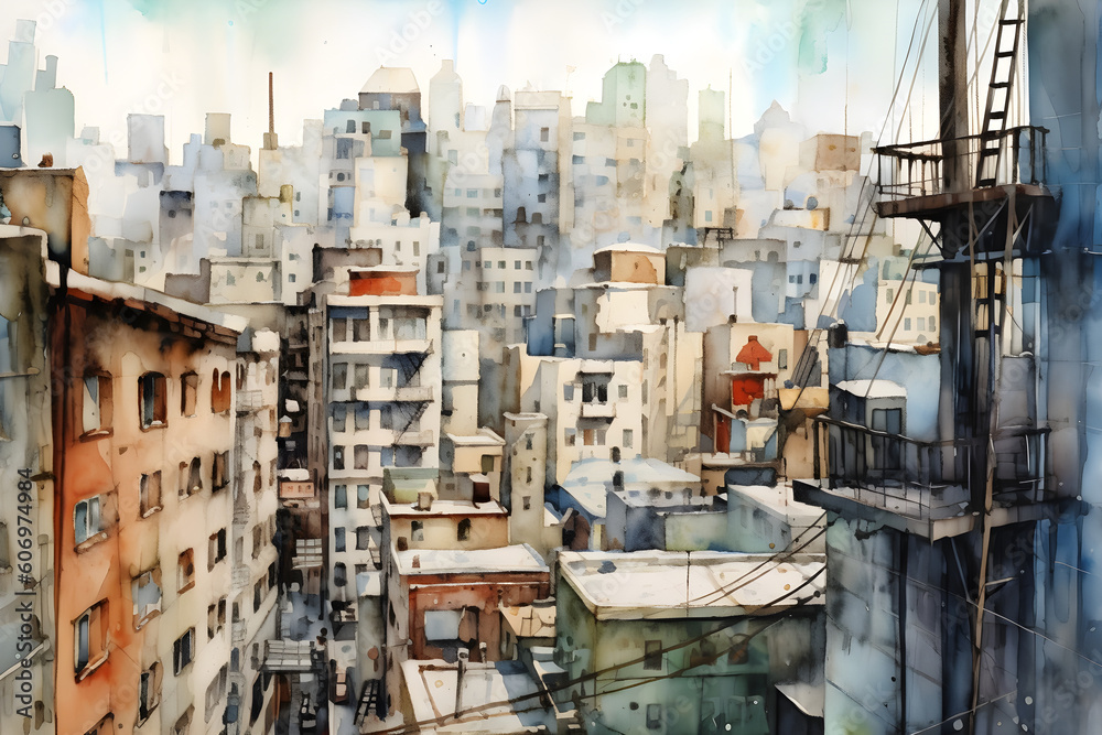 Modern urban watercolour cityscape, Generative AI