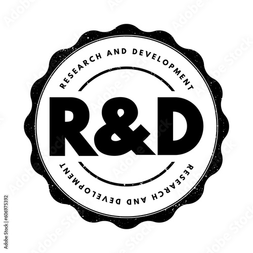 R and D - Research and Development is activities that companies undertake to innovate and introduce new products and services, acronym text concept stamp