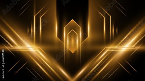 Elegant black and gold abstract luxury stage backdrop background with golden lines and shapes. Premium abstract background. Vector illustration
